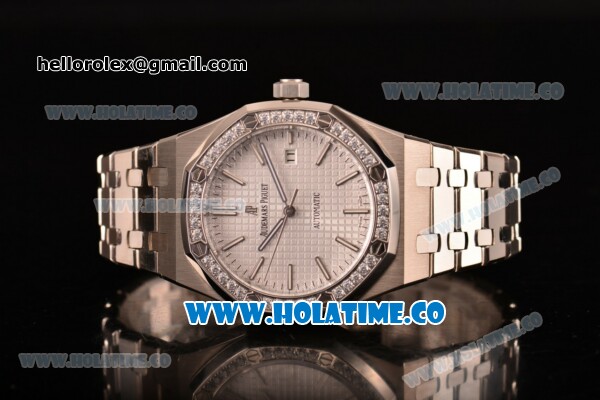 Audemars Piguet Royal Oak 41MM Clone AP Calibre 3120 Automatic Steel Case/Bracelet with White Dial Diamonds Bezel - Stick Markers (EF) - Click Image to Close